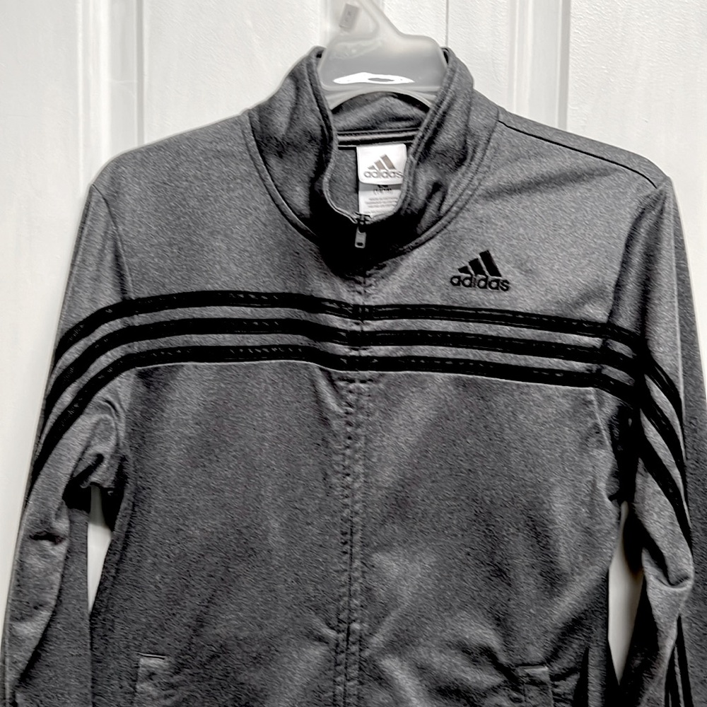 Adidas Dark Gray Black Stripe Teen Boys Athletic Jacket Size L 14/16 - Picture 2 of 9